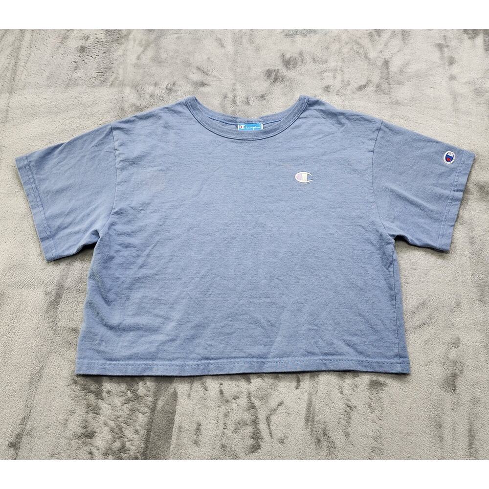 Champion Top Women M Blue Heritage Cropped Tee Crew Neck Logo Workout Streetwear